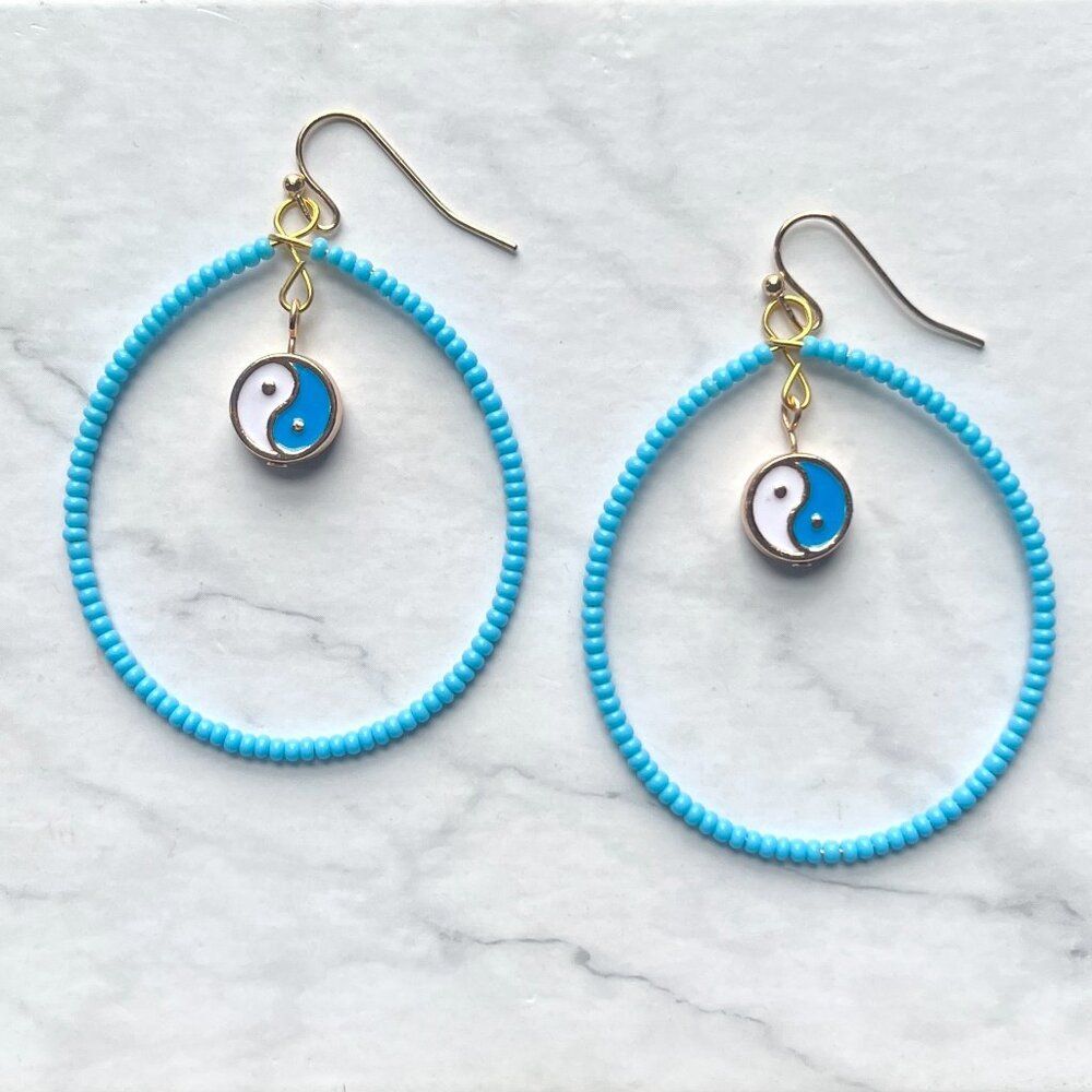 Filled Sky Blue Tear Drop Earrings w/ Hanging Yin and Yang Charm